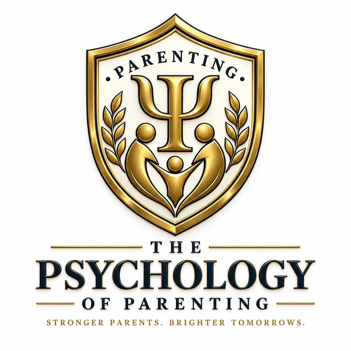 The Psychology of Parenting: gold shield with a psychology symbol, family emblem and black outlines.