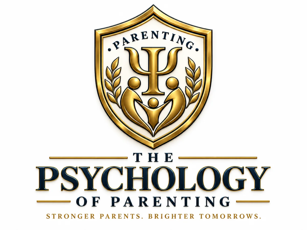 The Psychology of Parenting stacked gold shield and wordmark.