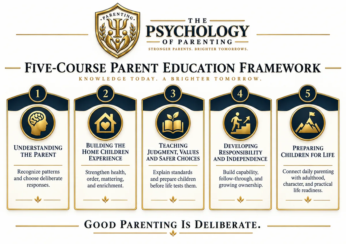 The five courses: understanding the parent, building the home, teaching judgment, responsibility and independence, and preparing children for life.