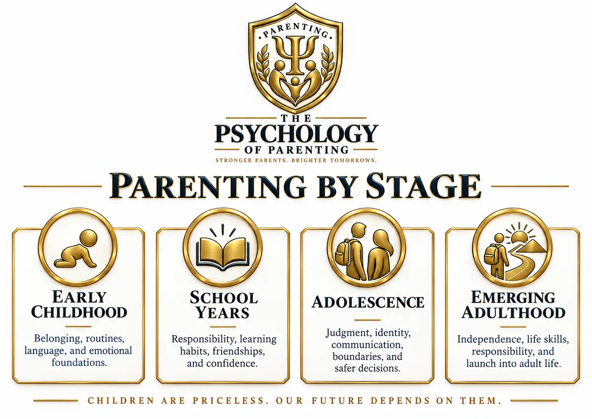 Early childhood, school years, adolescence and emerging adulthood.