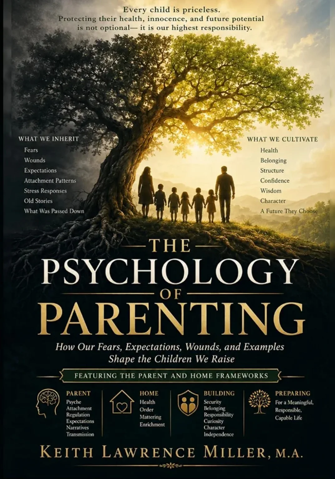 The Psychology of Parenting by Keith Lawrence Miller, M.A., with a tree and family cover design.